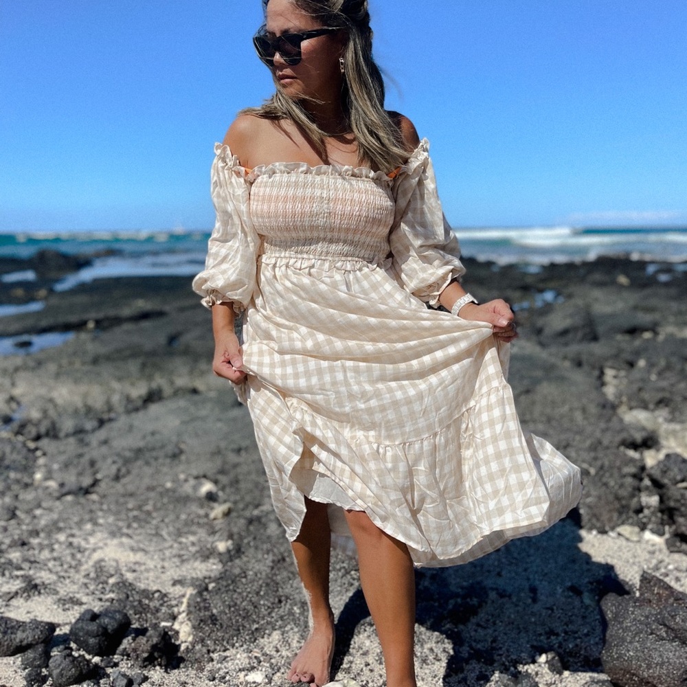 Smocked Gingham Halter Midi Dress